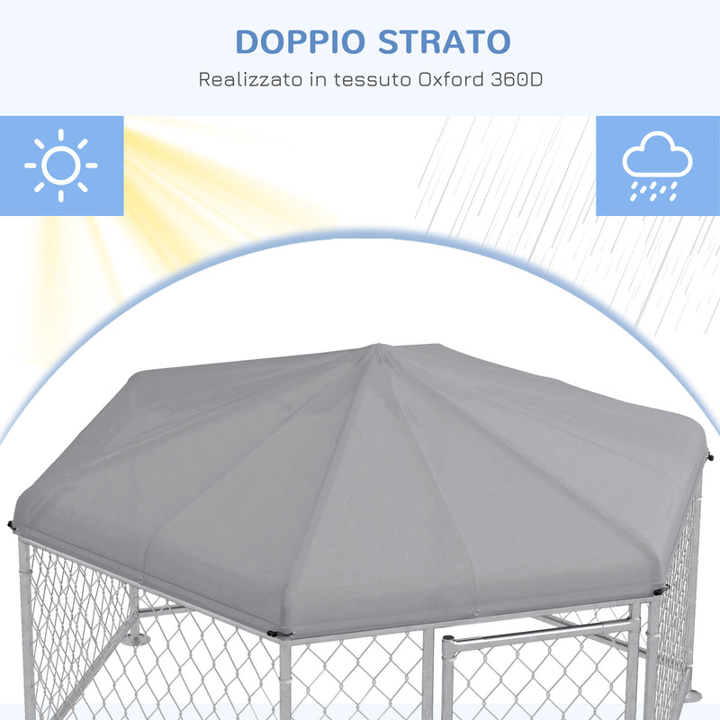Recinto per Cani Taglia Grande 2,1x1,85x1,2m Tetto in Tessuto Oxford Anti UV Argento e Grigio