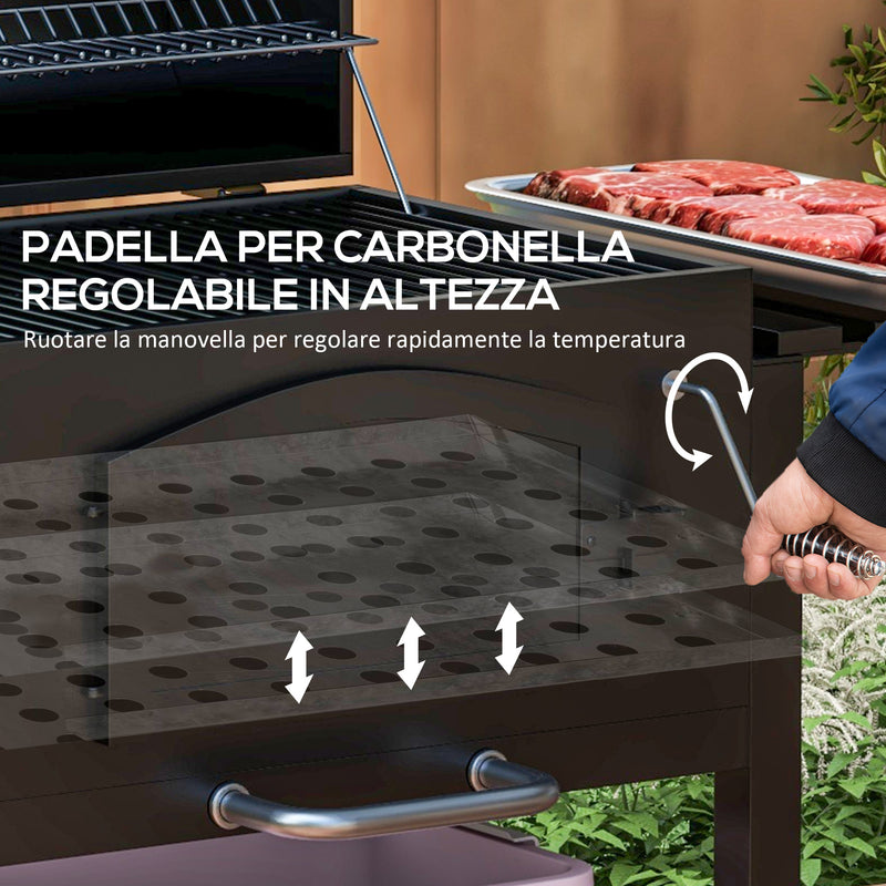 Barbecue da Giardino a 2 Ruote con Griglia Affumicatore e Fornello 124x66x112 cm in Metallo e Ghisa Nero-7