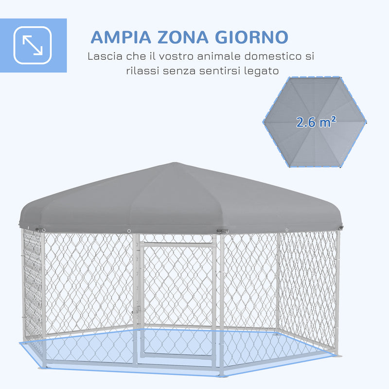 Recinto per Cani Taglia Grande 2,1x1,85x1,5m Tetto in Tessuto Oxford Anti UV Argento e Grigio