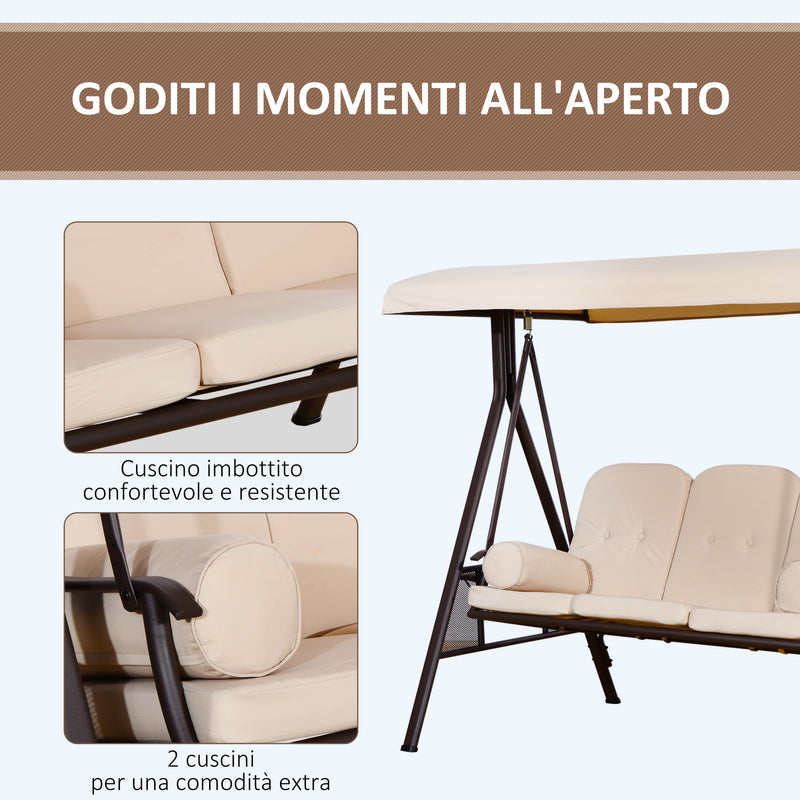 Dondolo da Giardino 3 Posti 208x121x172 cm Tetto Regolabile, Portabicchieri e Cuscini Beige  