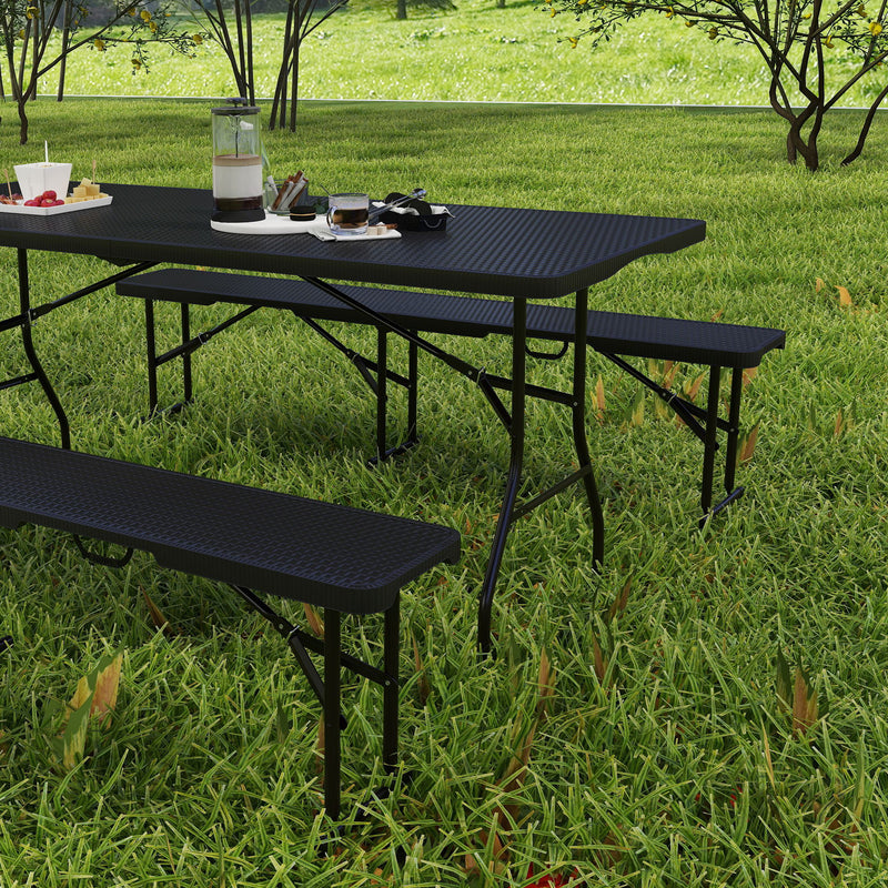 Set da Pic Nic Pieghevole a 3 Pezzi con Tavolo e 2 Panche in HDPE e Metallo Nero    