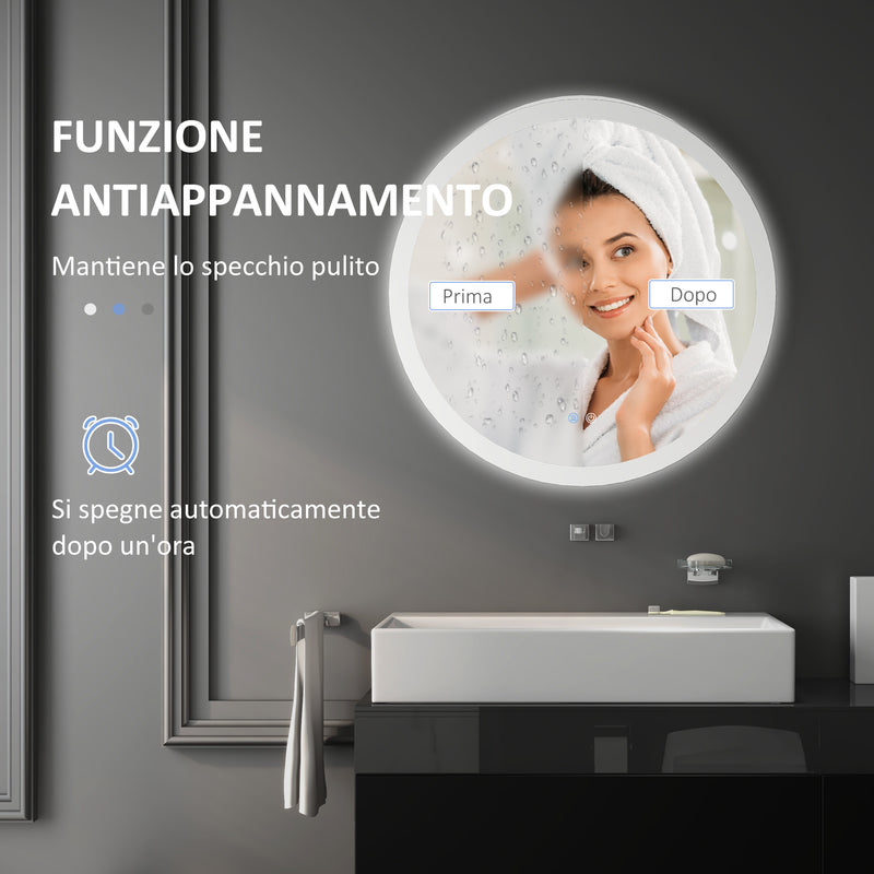 Specchio Bagno con Luci LED 3 Tonalità Ø60 cm Controllo Touch e Design Antiappannamento   