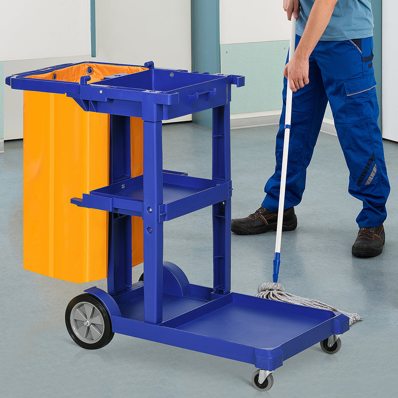 Carrello Pulizie 3 Ripiani Sacco da 100L 121x50,5x96,5 cm Blu Giallo e Grigio  