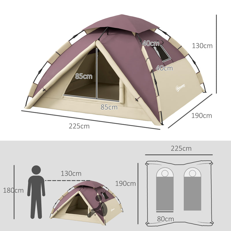 Tenda da Campeggio 2 Posti con 2 Finestre e Gancio 225x190x130 cm in Poliestere e Fibra di Vetro Cachi