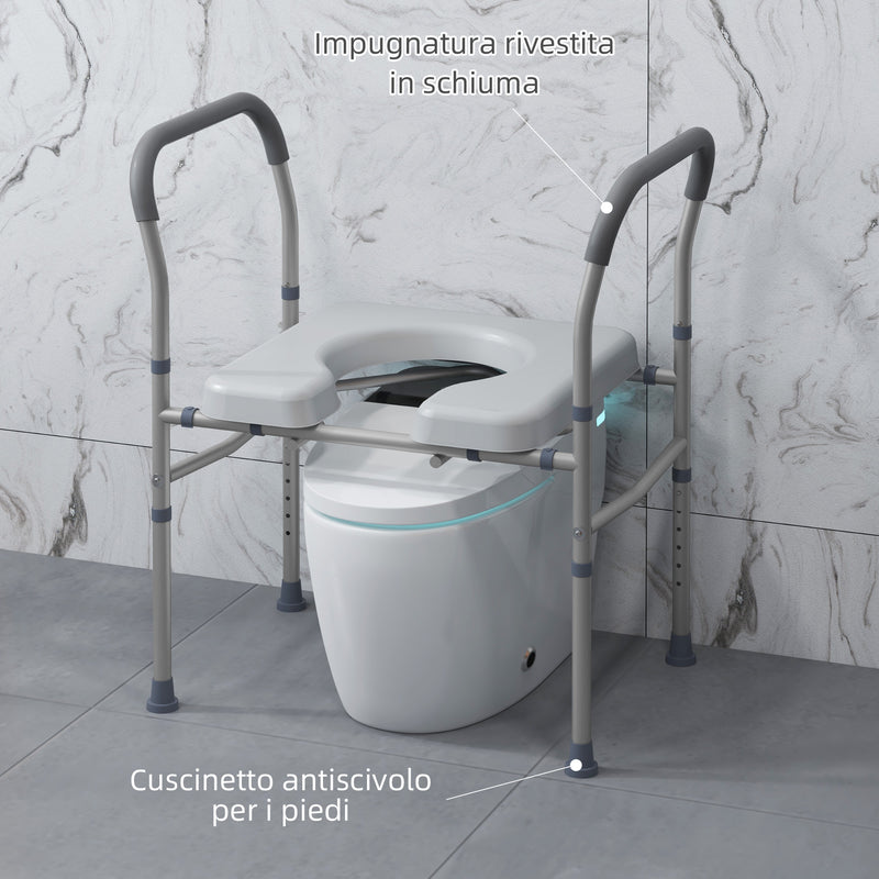 Sedia WC per Anziani e Disabili 4 in 1 Regolabile in Altezza 64x53x70-82 cm con Braccioli Imbottiti Grigio-5