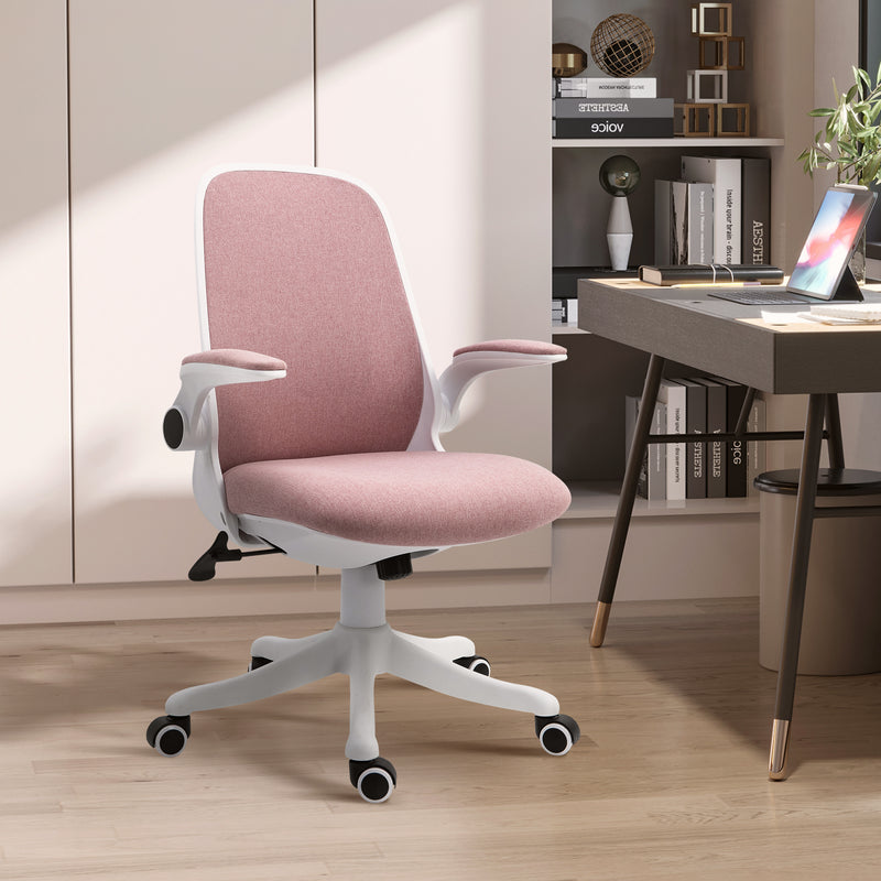 Sedia da Ufficio Ergonomica Altezza Regolabile 62,5x60x94-104 cm in Tessuto Effetto Lino Bianco e Rosa  
