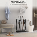 Portaombrelli 50x24x68 cm con Vaschetta per l'Acqua 21 Fori e 24 Ganci in Acciaio Nero   
