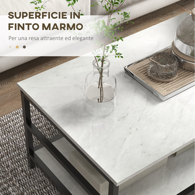 Set 2 Tavolini da Caffè a 2 Livelli con Piano d'Appoggio Effetto Marmo in Truciolato e Acciaio Bianco e Nero