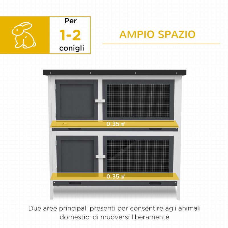 Conigliera a 2 Livelli con Rampa e 2 Vassoi Estraibili 97x44x91 cm in Legno di Abete e Bitume Grigio   