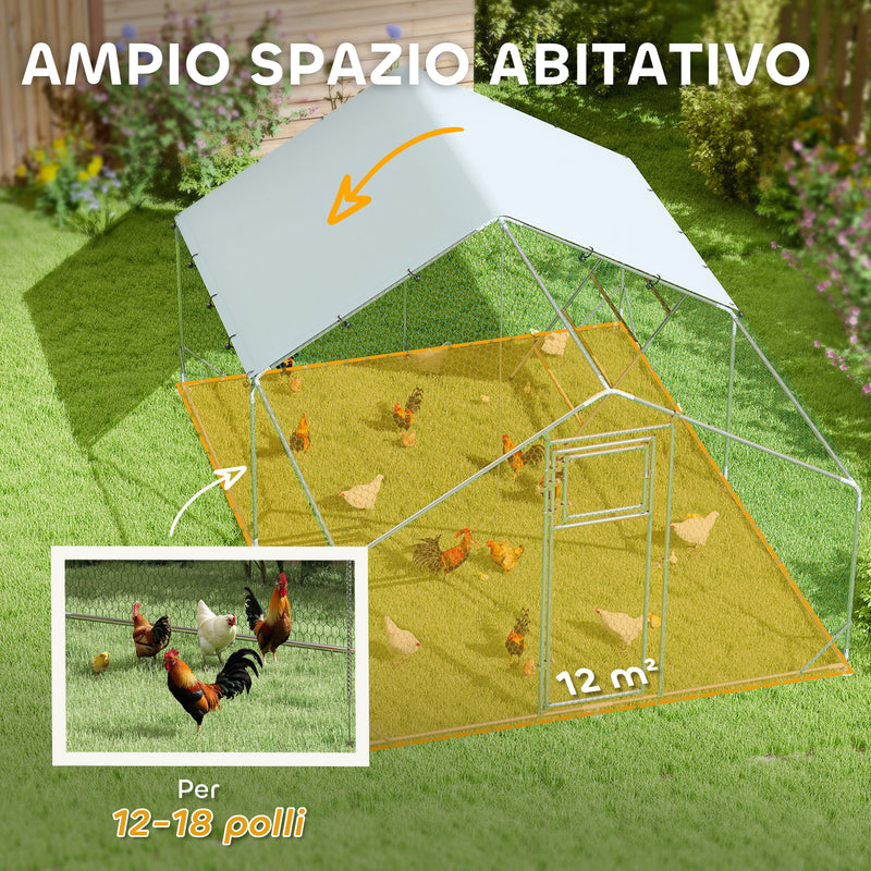 Recinto per Galline da 12 mq 300x400x195 cm per 12-18 Animali con Tetto Impermeabile Mangiatoia e Posatoio Argento  