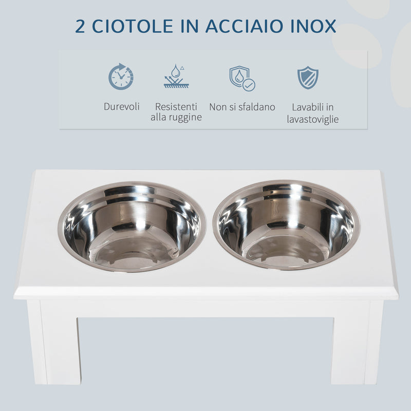 Ciotole Rialzate per Cani Piccoli e Taglia Media con 2 Ciotole in Acciaio Supporto in MDF Bianco  