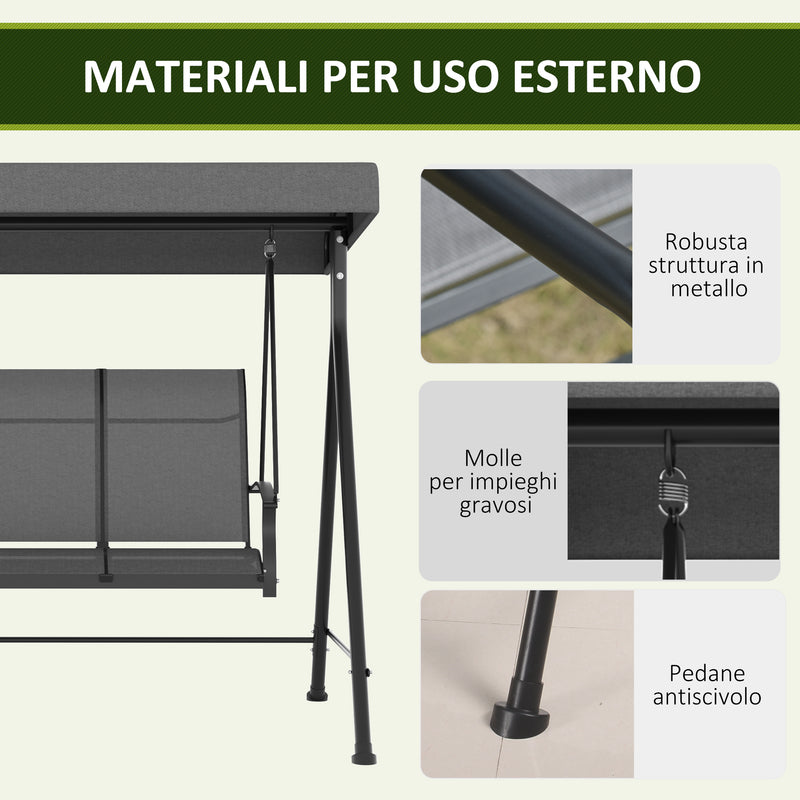 Dondolo da Giardino 3 Posti 195x118x170 cm con Tettuccio Parasole Regolabile Grigio Scuro  