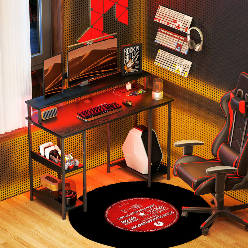 Scrivania per PC 120x 50x89,5 cm Reversibile con Prese Elettriche Luci e Supporto Monitor Nero   