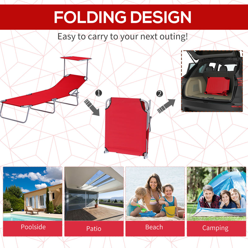 Lettino Prendisole da Giardino Pieghevole con Tettuccio Regolabile e Schienale Reclinabile a 4 Livelli   Rosso