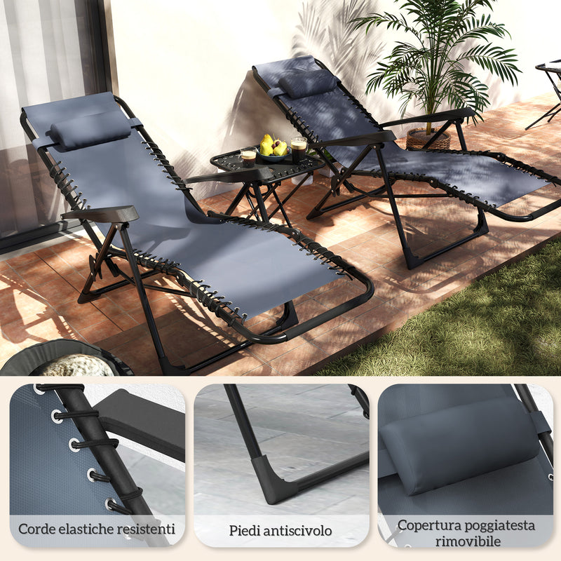 Set 2 Sedie Sdraio a Gravità Zero Pieghevoli e Tavolino Grigio    