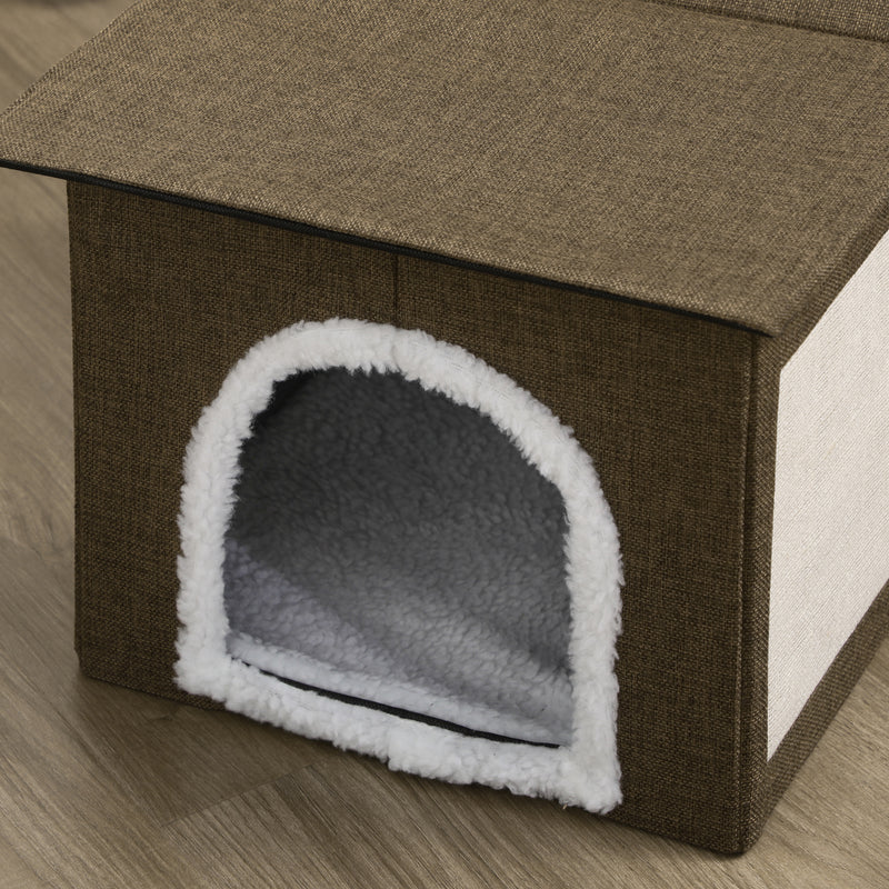 Cuccia Casetta per Gatti 65x41x45,5 cm in MDF Finto Lino e Sisal Marrone