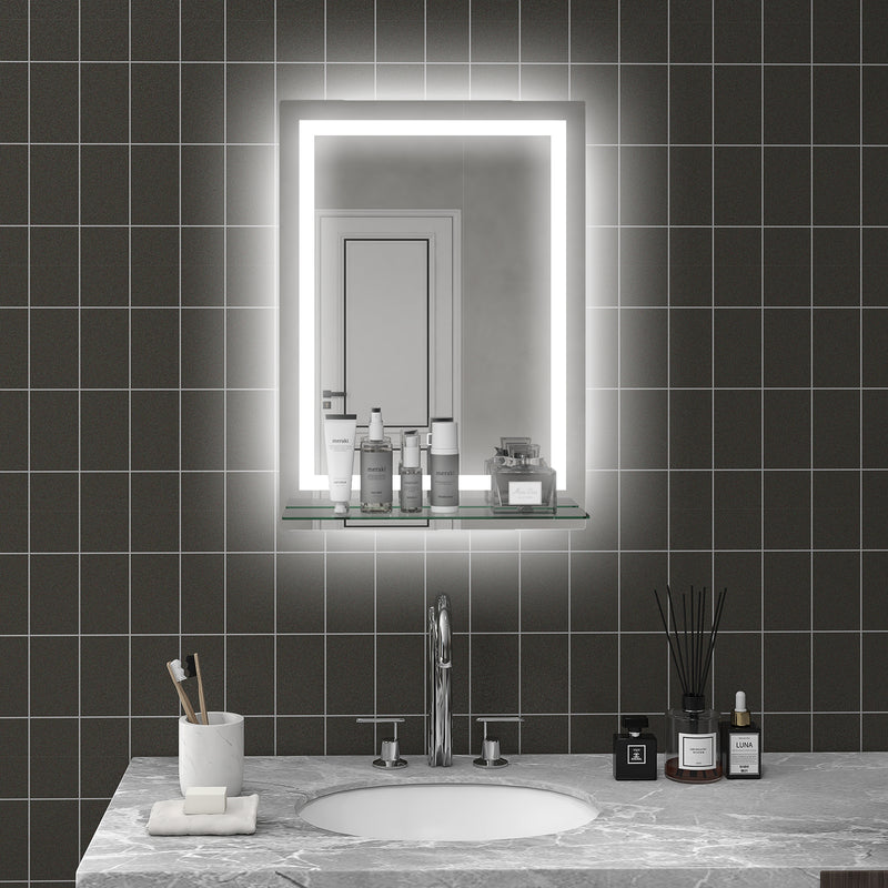 Specchio Bagno a Parete Cornice Luce LED a 3 Colori Mensola in Vetro 50x12x70 cm 