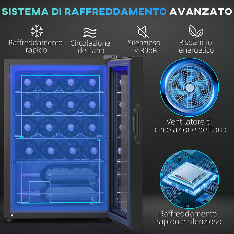 Cantinetta Vino Refrigerata per 20 Bottiglie Capacità 53L Porta in Vetro Anti-UV Nero   