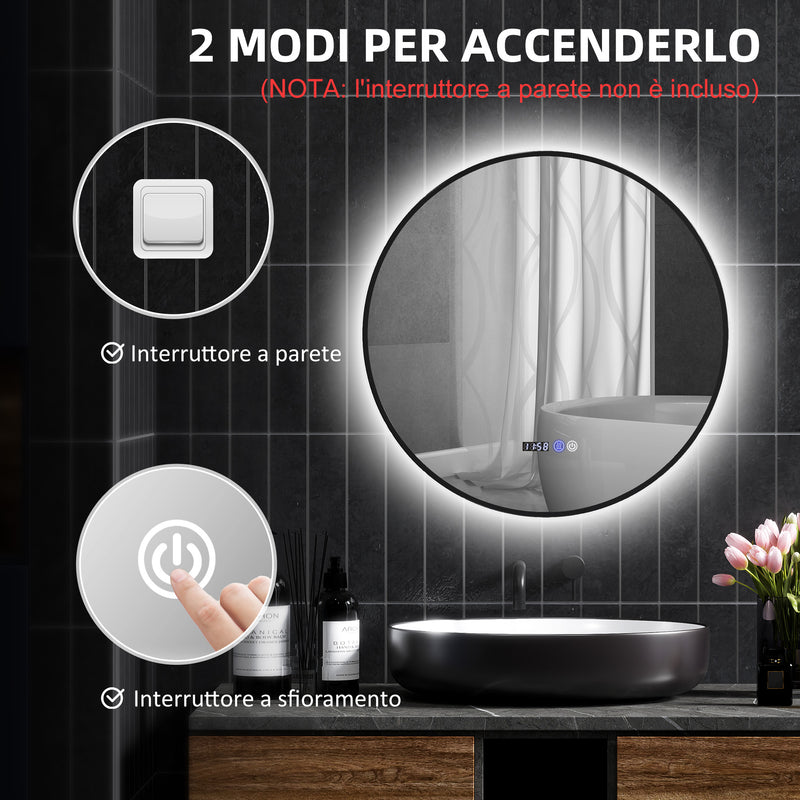 Specchio Bagno con Luce LED a 3 Tonalità Ø70 cm Antiappannamento e Display Tempo e Temperatura Nero   