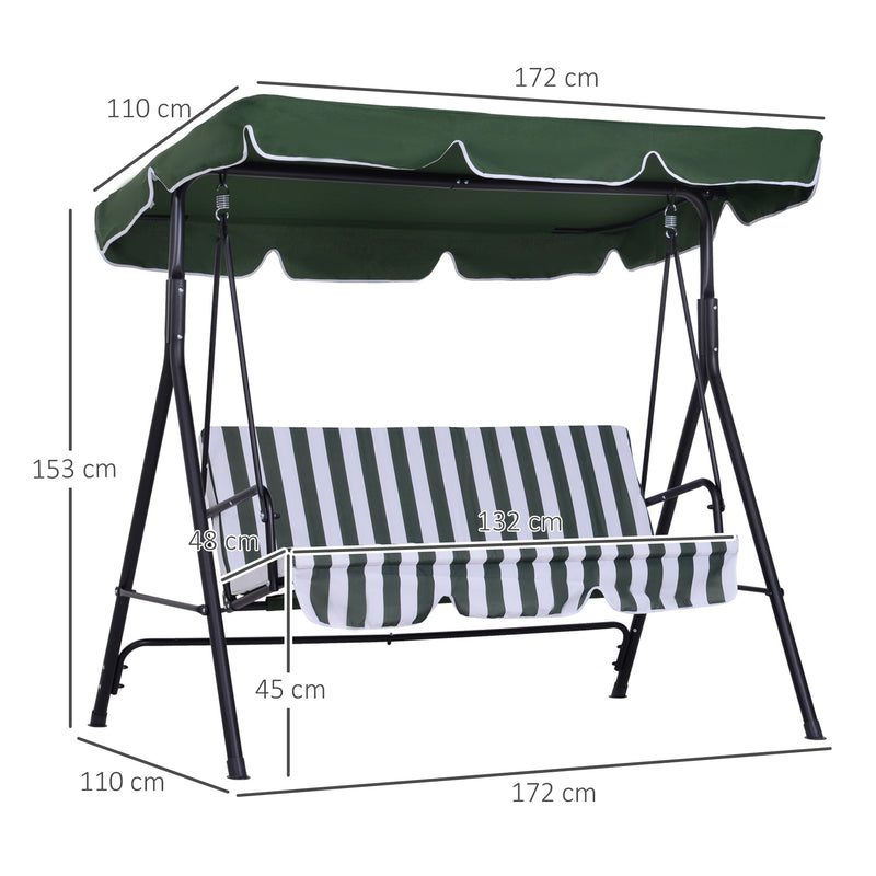 Dondolo da Giardino a 3 Posti 172x110x153 cm con Tettuccio Inclinabile e Cuscini Verde   