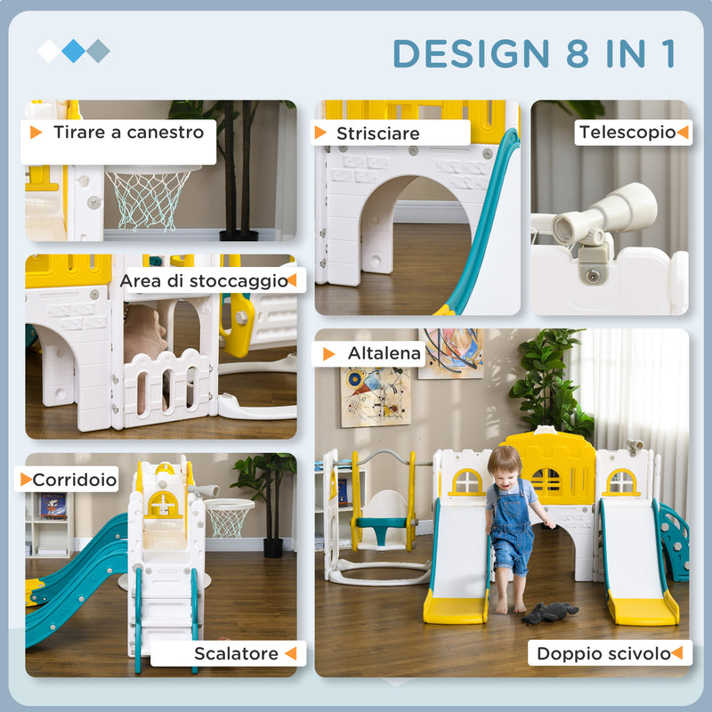 Set Gioco 8 in 1 per Bambini 2 Scivoli Altalena Canestro Tunnel Giallo   