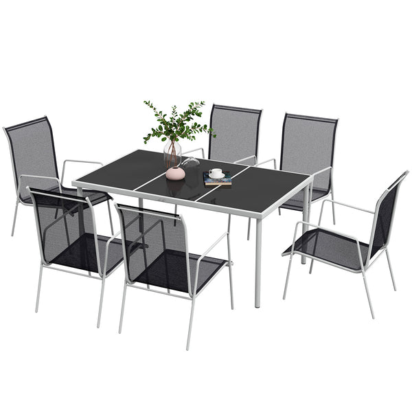 Set Tavolo con Top in Vetro 6 Sedie Impilabili da Giardino in Acciaio e Textilene Nero acquista