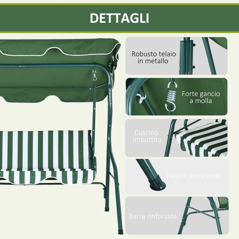 Dondolo 3 Posti con Tettuccio Regolabile 170x110x153 cm in Acciaio e Poliestere Verde e Bianco-5