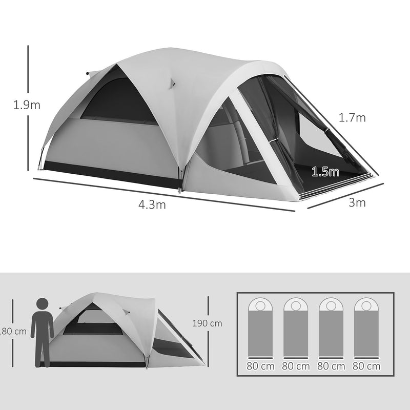 Tenda da Campeggio 4 Posti Impermeabile con Zona Notte e Zona Giorno 430x300x190 cm in Poliestere Grigio-3