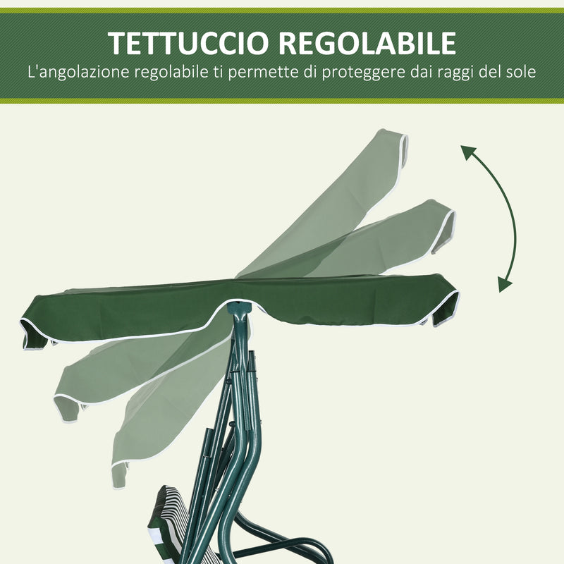 Dondolo 3 Posti con Tettuccio Regolabile 170x110x153 cm in Acciaio e Poliestere Verde e Bianco-4
