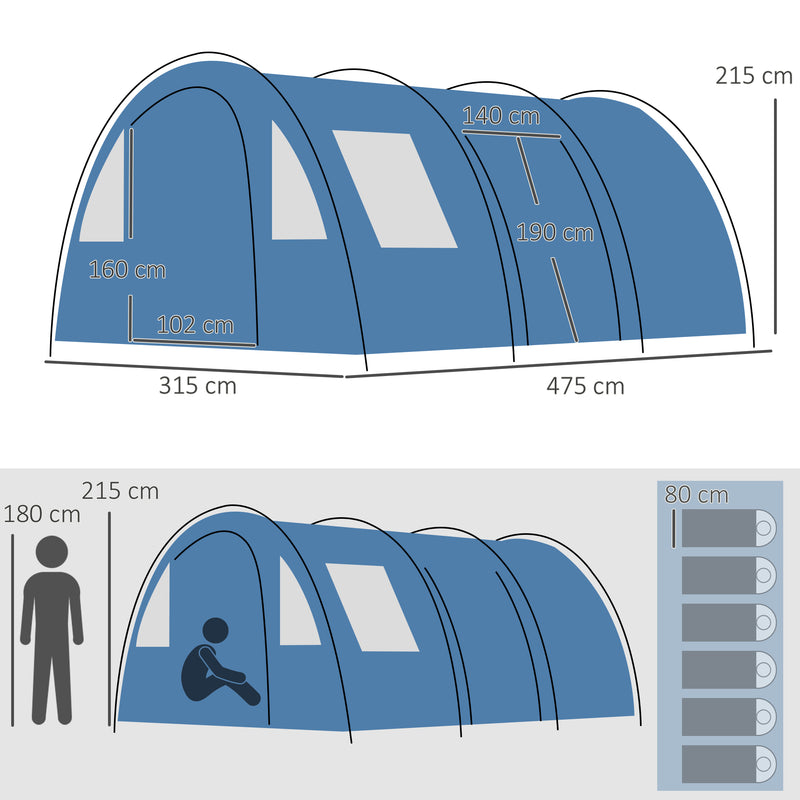 Tenda da Campeggio per 5-6 Persone 475x315x215 cm con 2 Porte Finestre e Tasche Portaoggetti Blu