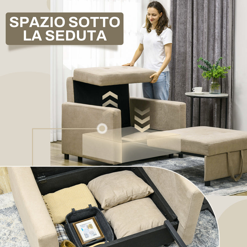 Poltrona Letto Singolo 100x98x88 cm 2 Cuscini e Vano Contenitore in Velluto Marrone Chiaro  