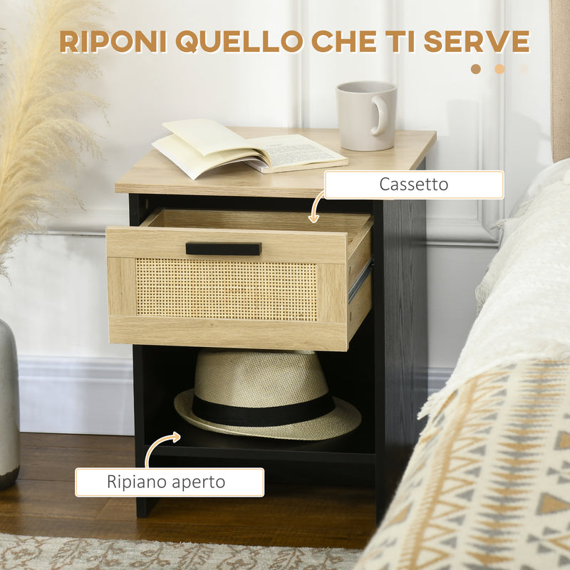 Comodino 1 Cassetto 1 Ripiano 40x40x50 cm in Legno e Rattan Nero e Naturale