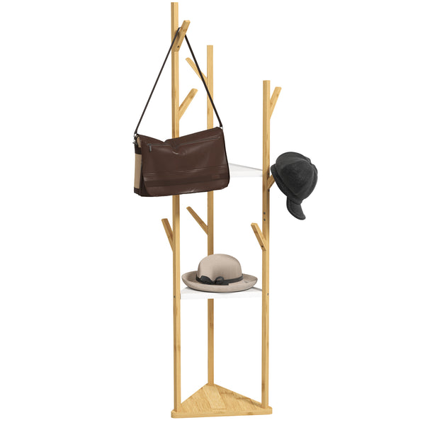 acquista Albero Appendiabiti da Terra 45x45x170 cm con 8 Ganci e 3 Ripiani in Bambù Naturale e Bianco