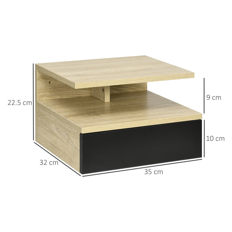 Set di 2 Comodini Sospesi Moderni con Cassetto e Mensola Superiore 35x32x22,5 cm  Rovere e Nero