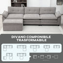 Divano 3 Posti Angolare con Chaise Longue e Pouf Contenitore Rivestimento in Ciniglia Grigio   