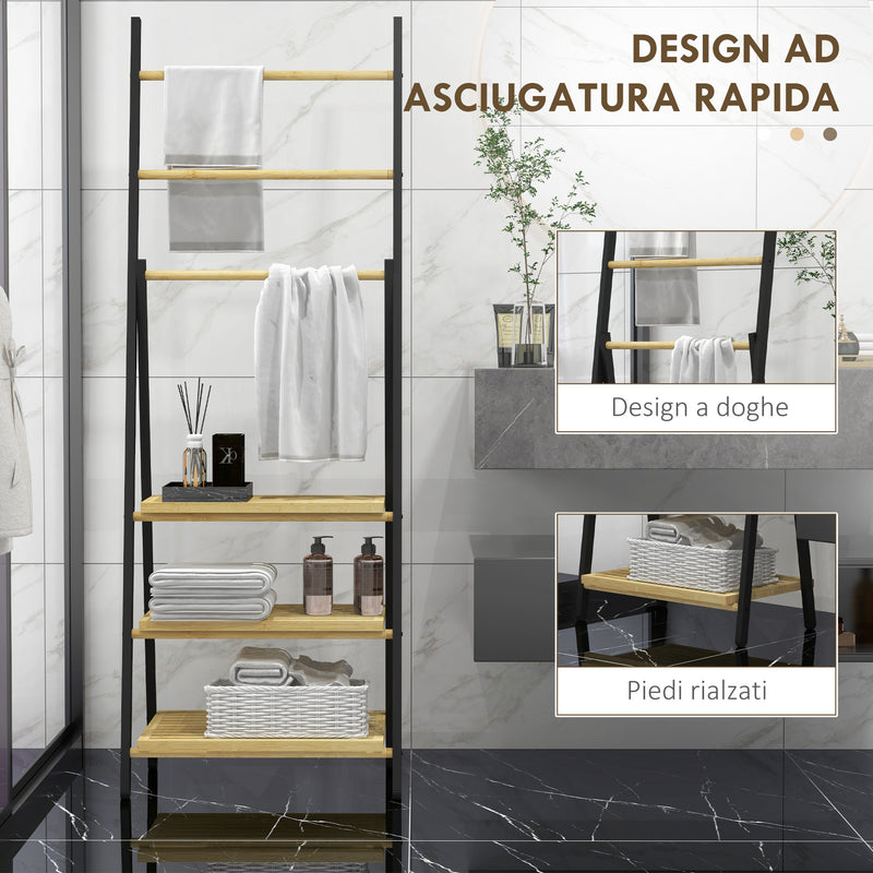 Portasciugamani da Terra Pieghevole 3 Barre e 3 Ripiani 53x31x153 cm in Bambù e Acciaio Nero