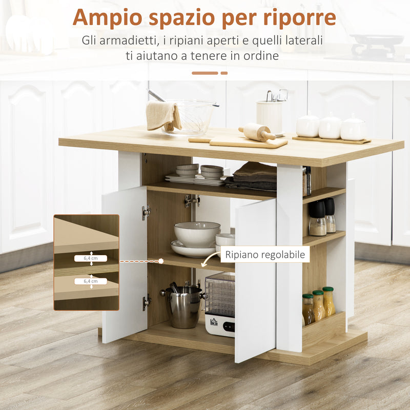 Isola per Cucina 4-6 Persone con Armadietti e Ripiani Aperti 110x70x75,5 cm in Truciolato Bianco e color Legno