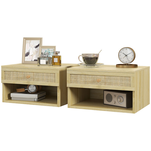 Set 2 Comodini con Cassetto e Ripiani Aperti in stile Nordico 40x34x23 cm in Truciolato e Rattan acquista