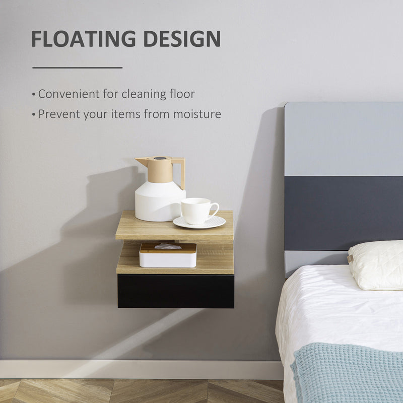 Set di 2 Comodini Sospesi Moderni con Cassetto e Mensola Superiore 35x32x22,5 cm  Rovere e Nero