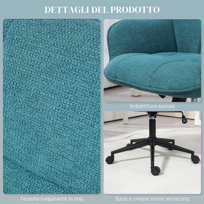 Sedia da Ufficio Girevole ad Altezza Regolabile 63x66x86-96 cm in Tessuto Effetto Lino e Acciaio Verde Scuro