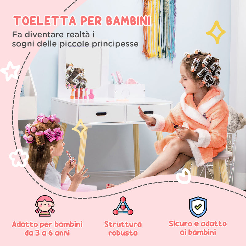 Toeletta Trucco per Bambine Consolle e Sgabello Bianco e Colore Legno   
