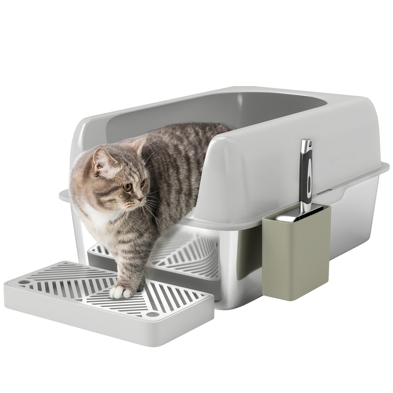 Lettiera per Gatti con Gradino 60,2x40,6x29 cm in Acciaio Inox e ABS Grigio Chiaro   