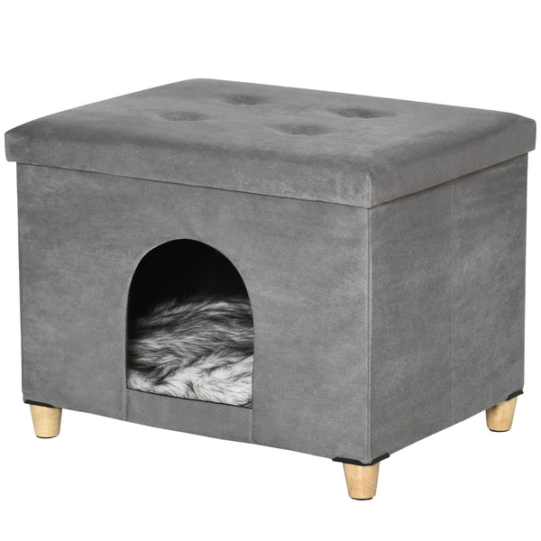 acquista Casetta per Gatti Pouf Poggiapiedi Imbottito 60x45x44,5 cm con Cuscino Rimovibile e Lavabile Grigio