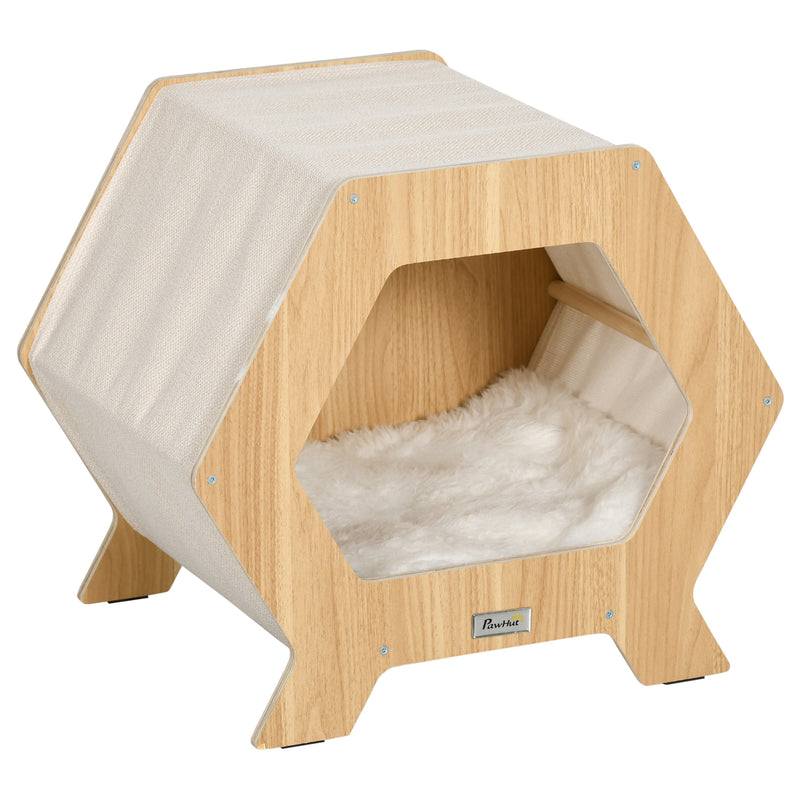 Cuccia per Gatti 49,5x38,5x43,5 cm in Legno e Tessuto con Cuscino in Peluche Quercia e Bianco