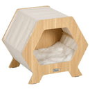 Cuccia per Gatti 49,5x38,5x43,5 cm in Legno e Tessuto con Cuscino in Peluche Quercia e Bianco