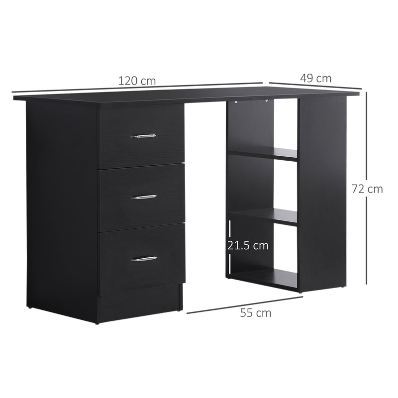 Scrivania PC da Ufficio 3 Ripiani 3 Cassetti 120x49x72 cm in Legno MDF Nera