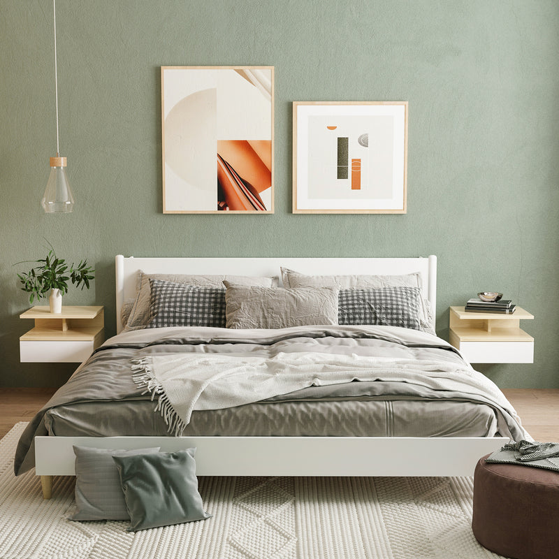 Set da 2 Comodini Sospesi con Cassetto e Ripiano Superiore 35x32x22,5 cm in Legno Bianco e Rovere