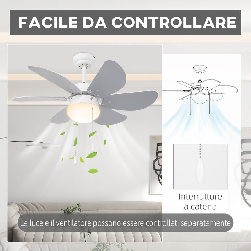 Ventilatore a Soffitto con Luce LED e Interruttore a Catena Ø76x41.5 cm in MDF e Acrilico Grigio e Bianco-8