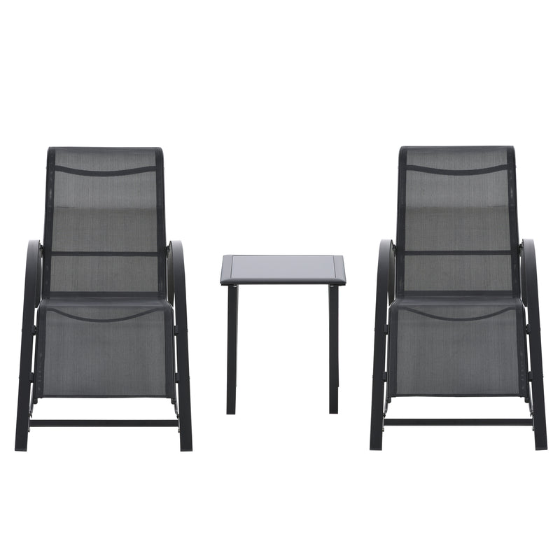 Set 2 Lettini Prendisole e Tavolino con Ripiano 59x169x66 cm in Tessuto Traspirante e Metallo Nero