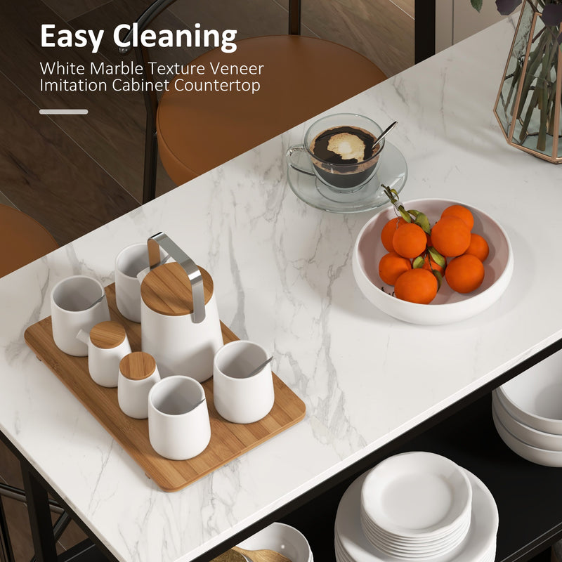 Isola da Cucina con Mensole, Piano Effetto Marmo 100x50x90 cm Struttura in Metallo Nero e Bianco